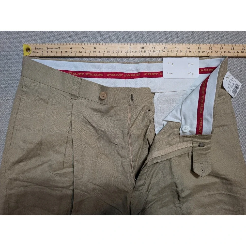 Phat Farm Mens Pants G-200B Khaki 36x32 Linen Wide Leg Breathable Pockets Y2K